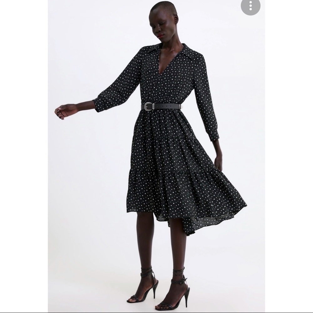 Zara Polka Dot Tiered Dress in Black with white, size S - Picture 3 of 12